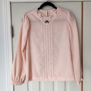 Vintage 1970s English Tea Peach Pink Embroidered Victorian Style Blouse S